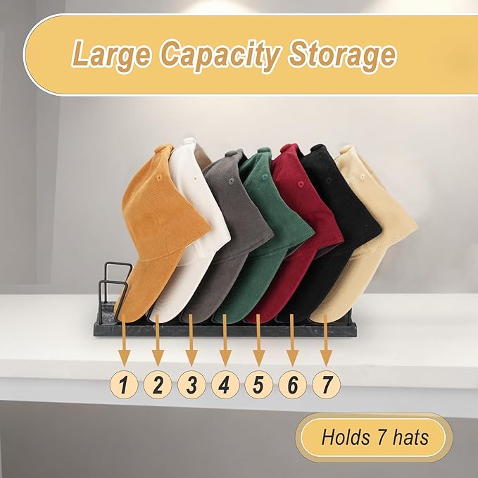 Hat Organizer for Baseball Caps – 7 Cap Holder & Display Stand, Anti-Tip Metal Tabletop Rack for Closet, Bedroom, Vanity, Quick-Install Ball Cap Storage (Black Marble)