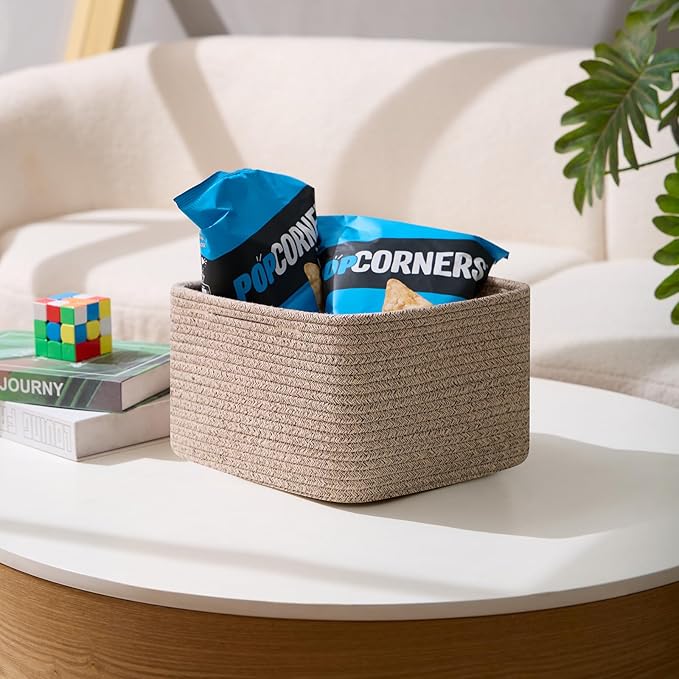 MiniArk Small Organizing Baskets for Cubes Shelf, 9.7x9.7x7.1 Inch Rope Woven Storage Bins for Nursery Shelves Storage, Cute Toy Basket, Square 3 Packs Mixed Brown