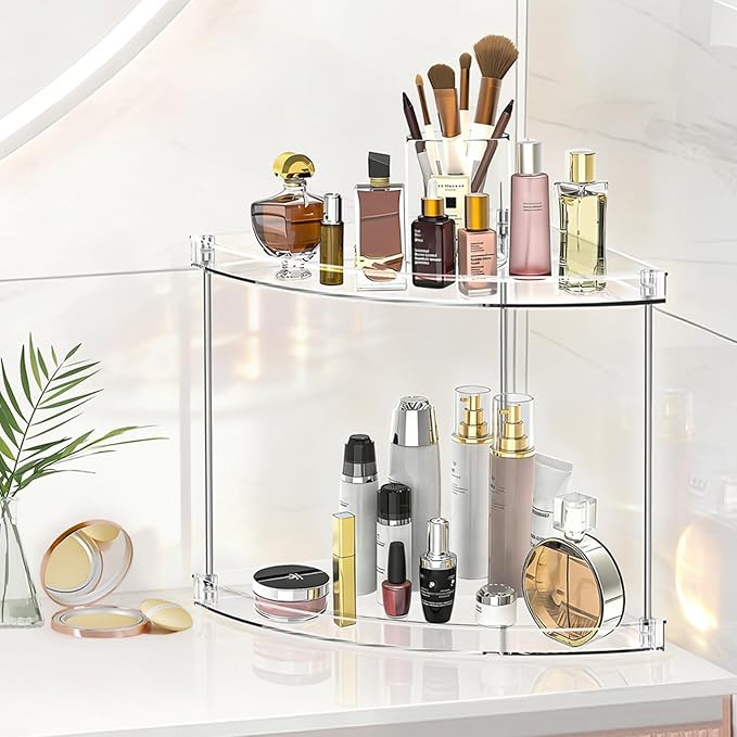 2 Tier Corner Bathroom Organizer, Clear Bathroom Counter Shelf for Vanity Countertop, Kitchen, Sink Storage, Tiered Skincare Organizer for Makeup, Perfume, Beauty Supplies (Triangular)