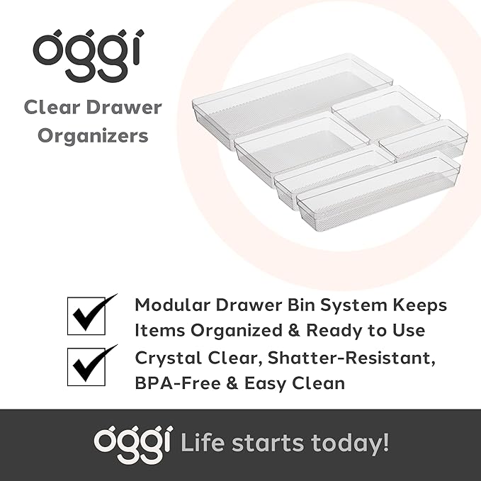 Oggi Clear Drawer Organizer - 6.25" X 15.75" (Set of 6) - Ideal for Organizing Kitchen Drawers, Office, Desk, Silverware, Kitchen Utensils, Cosmetics and Bathrooms