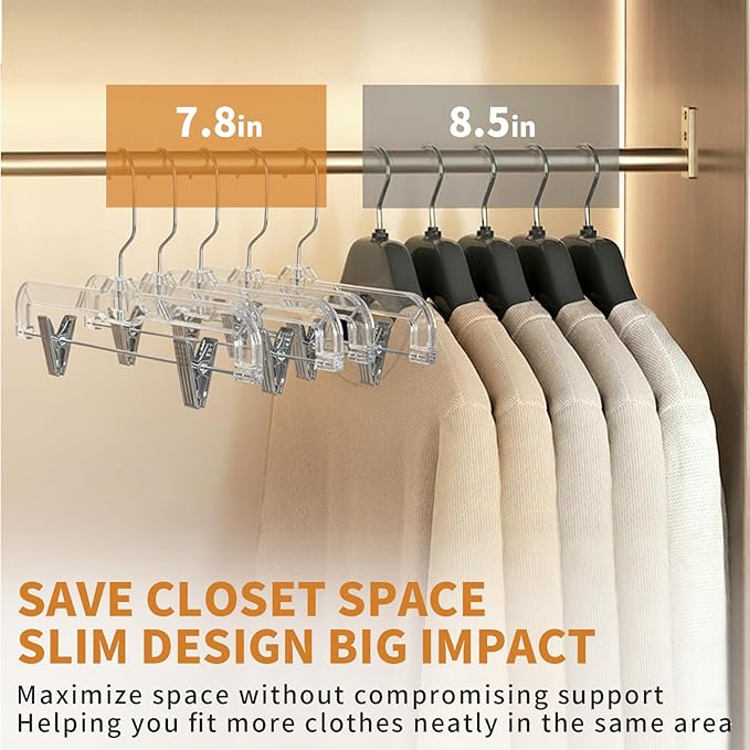 12 Pack Clear Plastic Pants Hangers, 14 Inch Upgraded Heavy Duty Skirt Hanger with 2-Adjustable Clip Non-Slip 360° Swivel Hook for Pants, Trousers, Skirts, Jeans