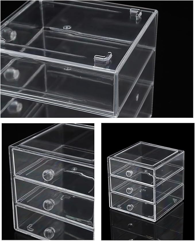 AJIODA Makeup Drawer Organizer Box with 3 Drawers, Acrylic Cosmetic Display Case Vanity Organizer Jewelry Storage Box Stackable Storage for Cosmetics, Skin Care, Bathroom, Countertop, Clear