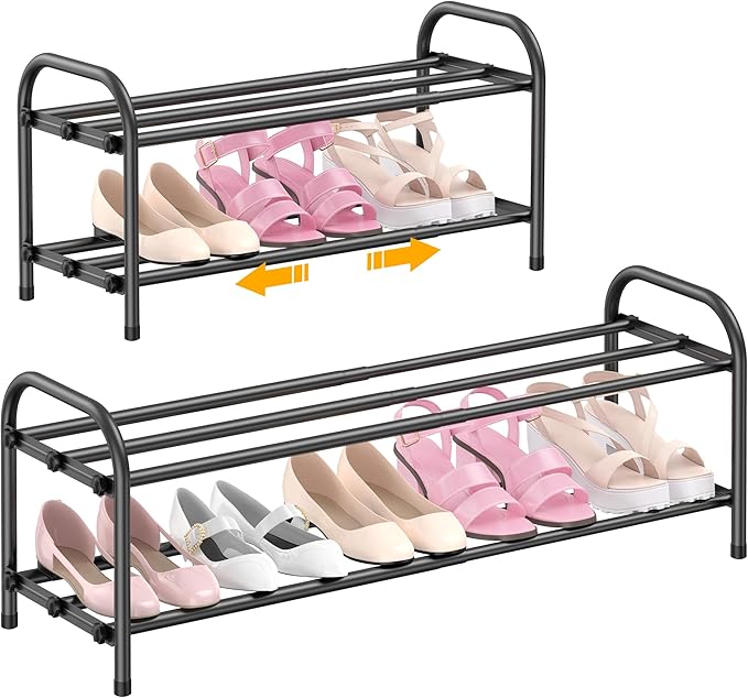 Hleelomi 2-Tier Expandable Shoe Rack for Entryway，Adjustable Metal Shoe Organizer for Closet,Living Room,Dorm,Black