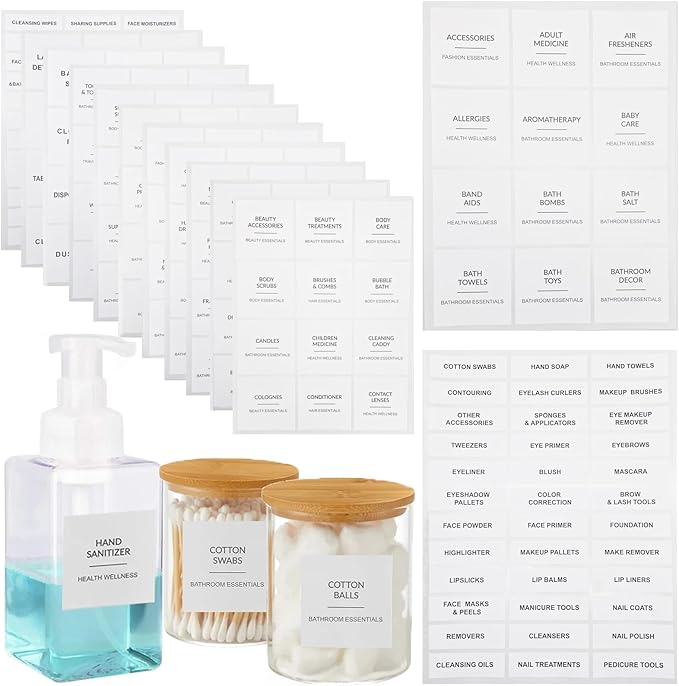 204pcs Waterproof Minimalist Style Bathroom Labels for Organizing Bathroom Storage Bins Containers and Jars to Stick for Glass or Plastic Spray Bottle and Metal
