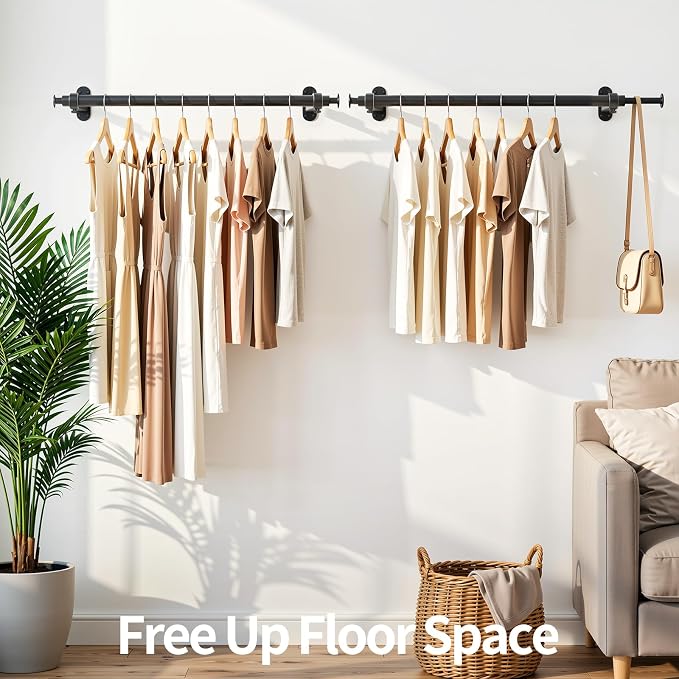 Luxspire Wall Mounted Clothes Rack, Industrial Pipe Clothing Rack, 28" Heavy Duty Extendable Iron Garment Bar, Multi-Purpose Hanging Rods for Clothes Bedroom, Laundry Room, Closet 2 Pack, Black