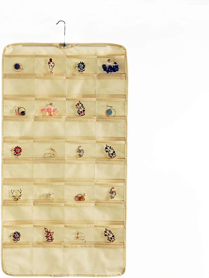 Hanging Jewelry Organizer Dual Sided Foldable Jewelry Roll with Hanger for Jewelry Brooches Closet Necklace Earrings Bracelet Ring Hair Accessories Travel Holder, Beige
