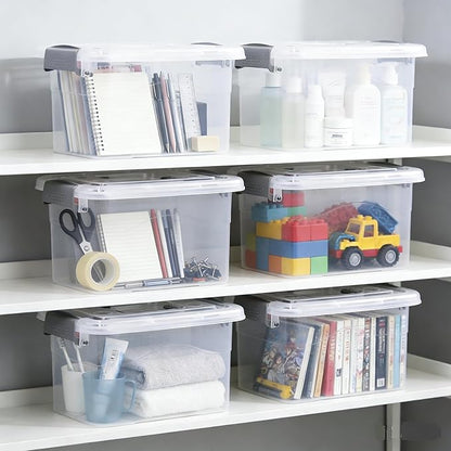 6-Pack Home Storage Bins, Plastic Container, Latching Box with Handle (Grey handle)