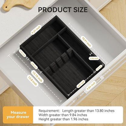 Yofidra Bamboo Silverware Organizer, 13.8 x 9.84 x 1.96 Inches Kitchen Utensil Drawer Organizer, Silverware Tray for Drawer with Fixed Slots for Spoons, Forks & Knives, Natural (Black)