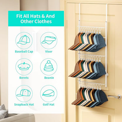 HapiRm Over Door Hat Rack - 3 Tier Wall Mounted Hat Organizer with 30 Movable Clips, Baseball Cap Organizer Storage Holds up to 30 Caps for Door, Bedroom, Closet