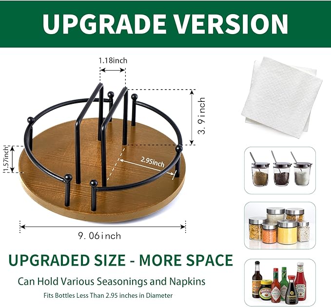 Napkin Holder for Table,360° Rotating Lazy Susan Turntable Organizer for Cabinet,9 inches Kitchen Table Decor&Counter Tray Can Hold Salt and Pepper Shakers (Walnut Brown)