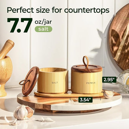 keechee Bamboo Salt Cellar with Acacia Lid & Spoon, 7.7oz Capacity with Built-In Spoon Slot & Labels, Two-Tone Countertop Seasoning Container (Single Compartment - 2 Pack)