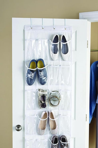 Over the Door Shoe Organizer, 24 Pocket, Non-Woven Fabric, Transparent Pockets, Metal Hooks, for Closet