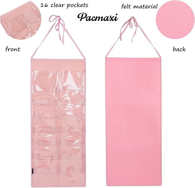 Hanging Padded Headbands Storage Organizer for Women Lady, Girl Wide Knotted Headband Holder with 16 Clear Pockets, Fashion Turban Velvet Hair Head band Hoop Display Stand. (16 slot,felt,pink)