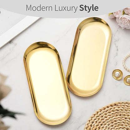 3 Pack Gold Trays for Decor, Stainless Steel Decorative Tray, Small Vanity Tray for Bathroom, Elegant Jewelry Tray for Holding Perfume, Keys, Wallet, Business Cards, Candle, Oval