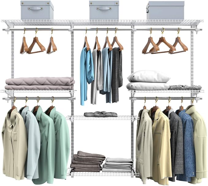 S AFSTAR 4 to 6 FT Mounted Closet Systems, Height Adjustable Custom Clothes Closet Kit with 3 Hanging Rod & 6 Storage Shelves, Wall-Mounted Clothes Closet Organizer for Bedroom Apartment, White