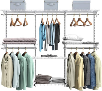 S AFSTAR 4 to 6 FT Mounted Closet Systems, Height Adjustable Custom Clothes Closet Kit with 3 Hanging Rod & 6 Storage Shelves, Wall-Mounted Clothes Closet Organizer for Bedroom Apartment, White