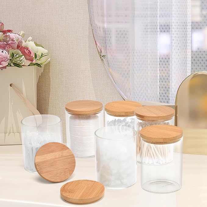 BKYFPQ 6 Pack Glass Qtip Holder Dispenser Set - Apothecary Jars with Lids for Vanity Makeup Organizer - Bathroom Canister Storage Organizer