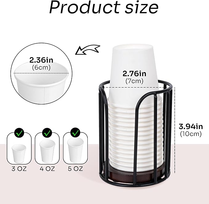 Bathroom Cup Holder Dispenser for 3-5oz Small Paper Mouthwash Cups, Solid Walnut Wood and Black Metal Countertop Organizer for Vanity, Guest Bath, Kitchen and Office