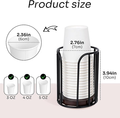 Bathroom Cup Holder Dispenser for 3-5oz Small Paper Mouthwash Cups, Solid Walnut Wood and Black Metal Countertop Organizer for Vanity, Guest Bath, Kitchen and Office