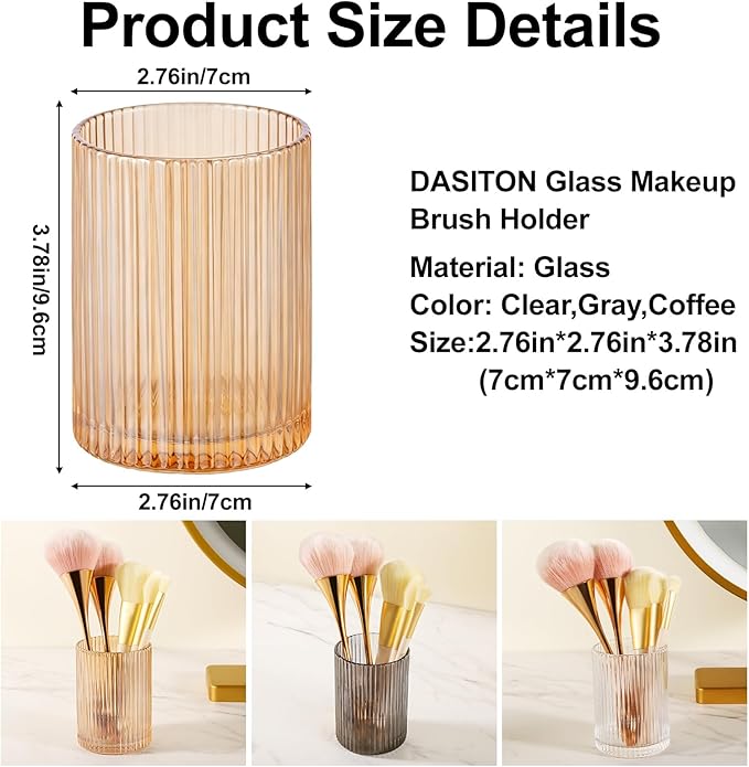 DASITON Makeup Brush Holder Organizer, Crystal Cosmetic Makeup Brushes Storage Holder, Glass Make Up Brush Holder, Vintage Striped Make Up Cup Desk Pen Pencil Holder, Toothbrush Holders (Coffee S)