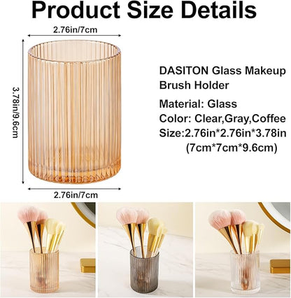 DASITON Makeup Brush Holder Organizer, Crystal Cosmetic Makeup Brushes Storage Holder, Glass Make Up Brush Holder, Vintage Striped Make Up Cup Desk Pen Pencil Holder, Toothbrush Holders (Coffee S)