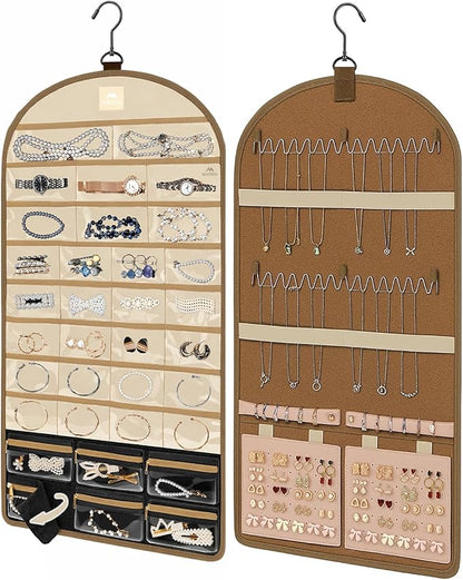 MATEIN Over the Door Jewelry Organizer with Travel Pouch, Double-Sided Hanging Necklace Earring Holder with Pockets, Large Jewelry Storage for Rings Bracelets, Beige-Brown