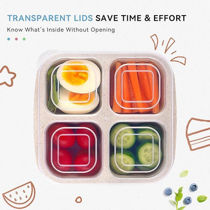 4 Pack Reusable Snack Containers with Lids, 4 Compartments Snack Box Container Bento Box, Divided Lunchable Food Storage Container for Meal Prep, Travel, Work, Microwave, Dishwasher Safe