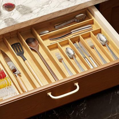 SpaceAid Bamboo Silverware Drawer Organizer with Labels, Kitchen Utensil Expandable Tray Holder Organizer for Flatware, Cutlery, Spoon and Knives Drawer Storage Organization (Natural, 10 Slots)