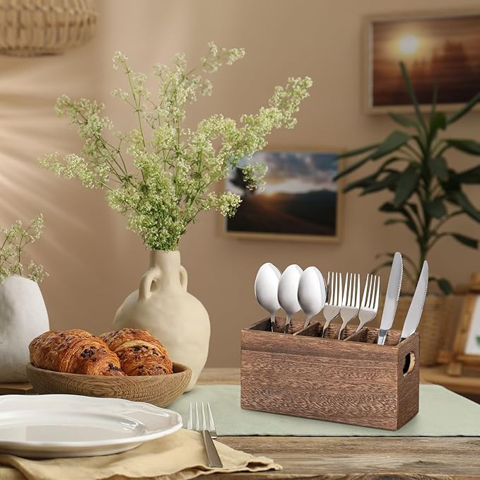 VIVIRBIEN Wooden Silverware Holder, Kitchen Utensil Caddy with 3 Compartments, Cutlery Storage Organizer Countertop, Flatware Organizer for Party, Spoon, Fork Holder