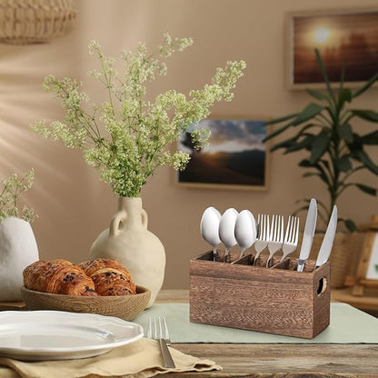 VIVIRBIEN Wooden Silverware Holder, Kitchen Utensil Caddy with 3 Compartments, Cutlery Storage Organizer Countertop, Flatware Organizer for Party, Spoon, Fork Holder