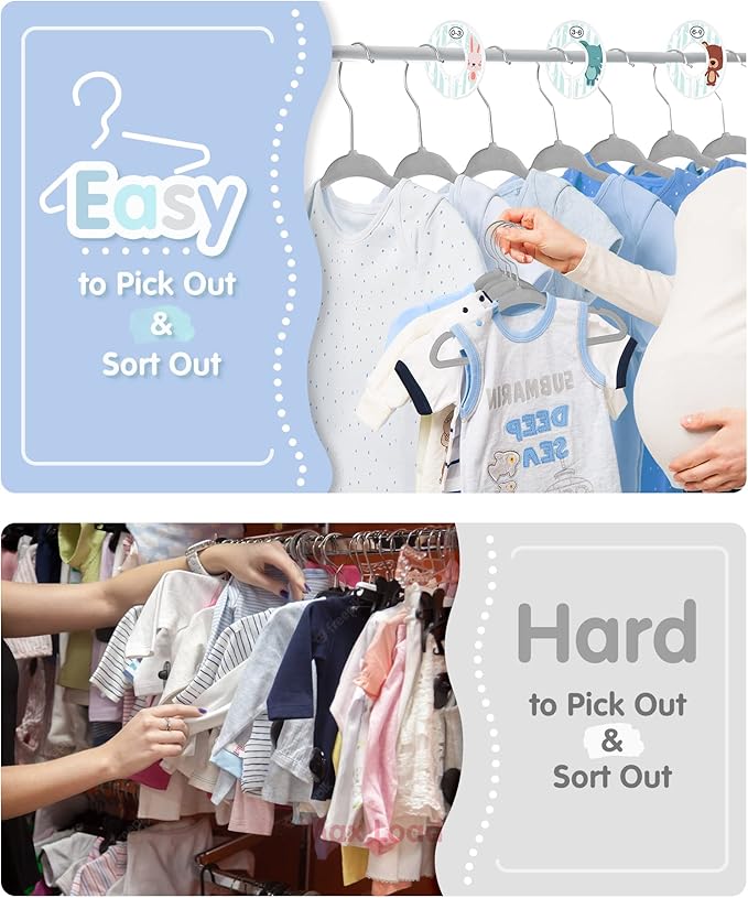 VIS'V Baby Hangers, 11 Inch Velvet Kids Hangers with 6 Pcs Clothes Size Dividers, Infant Toddler Nursery Closet Organization, Non Slip, Gray, 30 Pcs