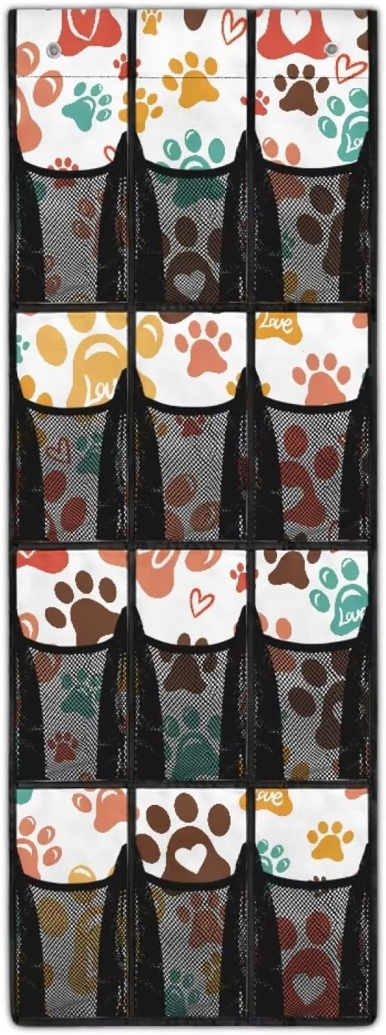 Over the Door Storage Organizer 12 Large Pockets - Heavy Duty Large Capacity for Kitchen, Office, Dorm Rooms,Dog Paws
