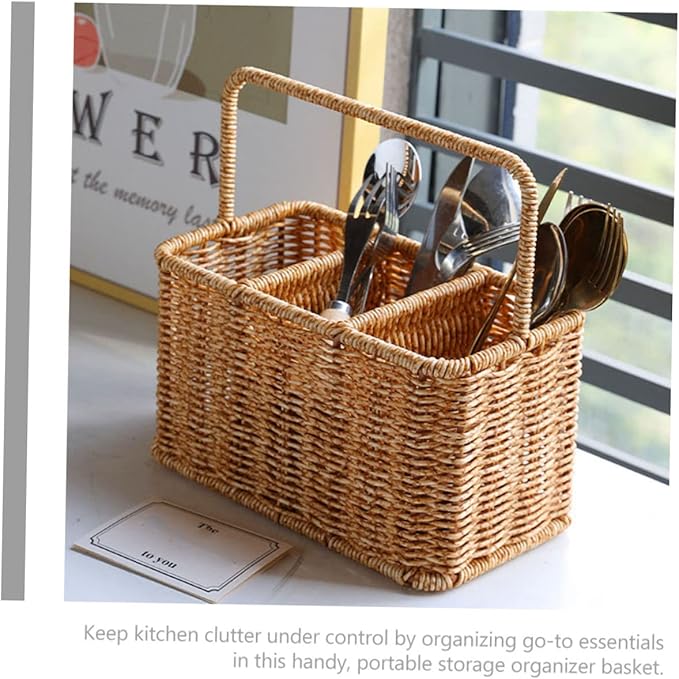 SOLUSTRE Woven Divided Cutlery Storage Basket 8.85X8.66X4.92 Inch Portable Silverware Organizer for Kitchen Countertop and Dining Room Utensil Caddy