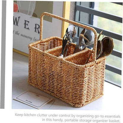 SOLUSTRE Woven Divided Cutlery Storage Basket 8.85X8.66X4.92 Inch Portable Silverware Organizer for Kitchen Countertop and Dining Room Utensil Caddy