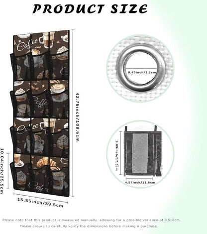 Versatile 12-Pocket Behind The Door Hanging Organizer, Made of Oxford Cloth, Waterproof Foldable and Perfect for Bathroom Bedroom Closet Storage, Coffee Print