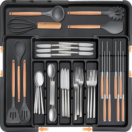 Silverware Organizer Expandable Utensil Drawer Organizer Adjustable Drawer Organizer, Flatware Cutlery Silverware Tray for Spoons Forks Knives Kitchen Organizers Storage (Black Plus)