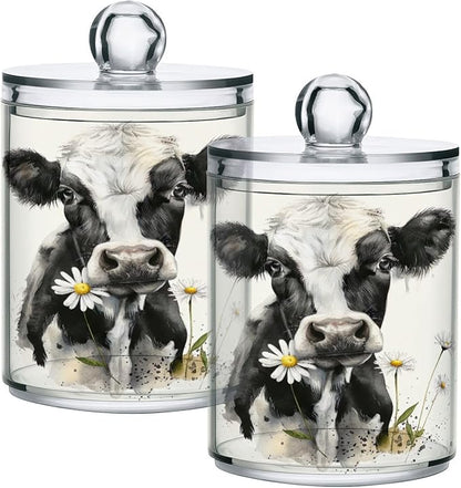 Watercolor Cow Qtip Holder 4 Pack - 10 Oz Clear Plastic Apothecary Jar Set for Bathroom Organization - Versatile Canister Storage for Cotton Balls, Swabs, Rounds