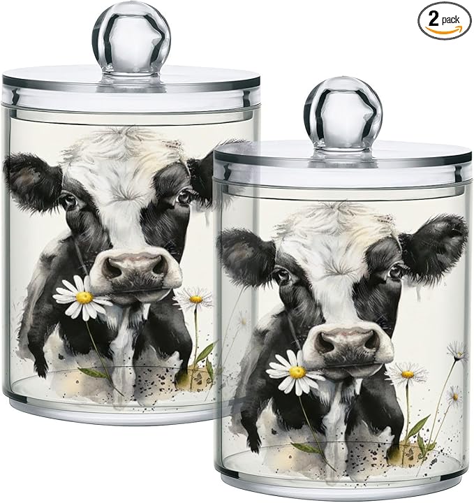 Watercolor Cow Qtip Holder 2 Pack - 10 Oz Clear Plastic Apothecary Jar Set for Bathroom Organization - Versatile Canister Storage for Cotton Balls, Swabs, Rounds