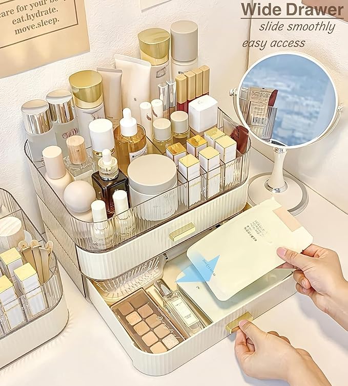 Makeup Organizer with Wide Drawer for Vanity, Stackable Cosmetic Organizer Countertop, Clear Skincare Storage for Bathroom Counter, Perfume, Lipstick, Brushes and Palettes, Cream White