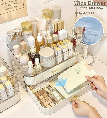 Makeup Organizer with Wide Drawer for Vanity, Stackable Cosmetic Organizer Countertop, Clear Skincare Storage for Bathroom Counter, Perfume, Lipstick, Brushes and Palettes, Cream White