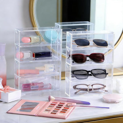 2PCS Sunglass Organizer for Multiple Pairs Clear Acrylic Organizer, 9.65 * 6.89 * 2.56 Inch Plastic Stackable Eyeglass Case Storage Organizers with 4 Drawers for Glasses Jewelry Watch Storage