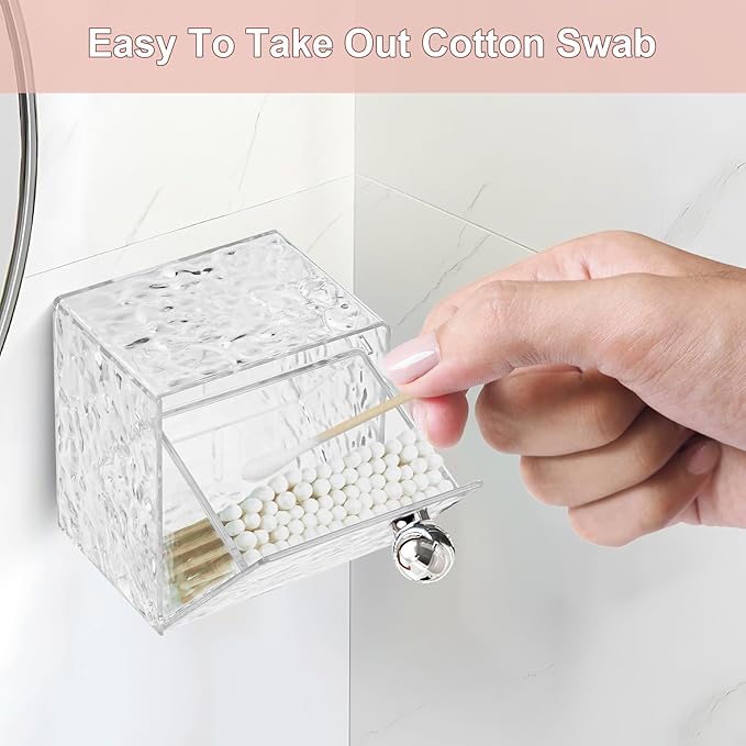 Qtip Holder Dispenser, Wall Mounted Plastic Cotton Pad Holder, Cotton Ball, Swabs, Floss, Makeup Organizers Containers for Vanity Bathroom (Clear, 4 Pcs)