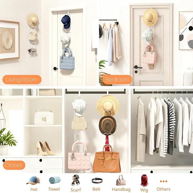 LINFIDITE 10 Pack Hat Rack Hanging Baseball Caps Display Storage Rack Hat Organizer Wigs Rack Over Door Wall Mounted Scarves Handbags Storage Holder for Door, Wall, Closet, Bathroom,White