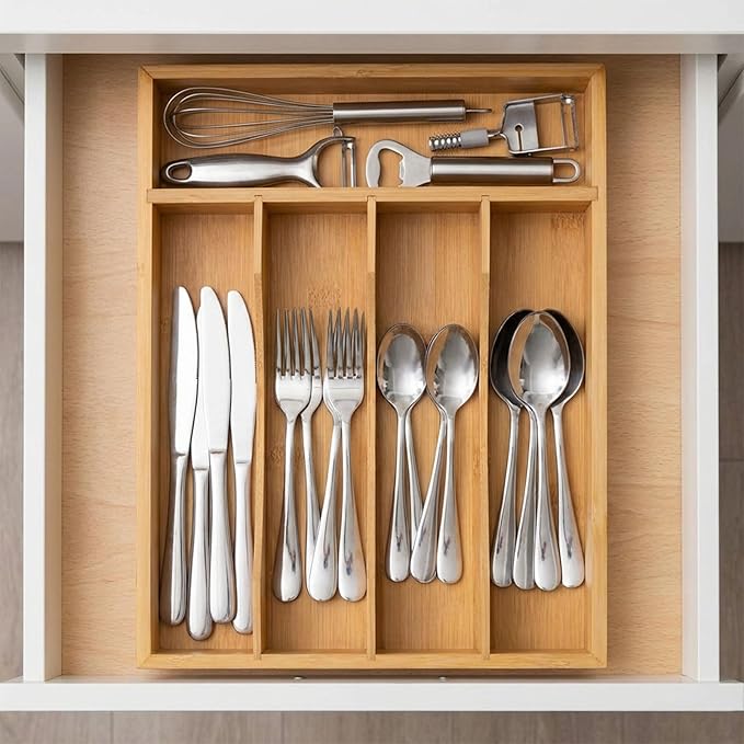 Krismax Bamboo Silverware Drawer Organizer，5 slots Wood Storage Containers, Junk Drawer Divider Organzers, Untensils Cutlery Tray, Kitchen Flatware