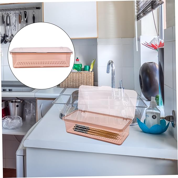 Plastic chopsticks drain storage box with lid - kitchen utensil organizer for countertop - covered holder for silverware, forks, and cutlery - 11.02 x 5.12 x 2.76 inches (brown)