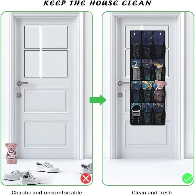 Over The Door Shoe Organizer 12 Mesh Pockets Hanging Storage Holder for Bathroom Bedroom Foldable Space Saving Storage Bag,Moon Butterfly