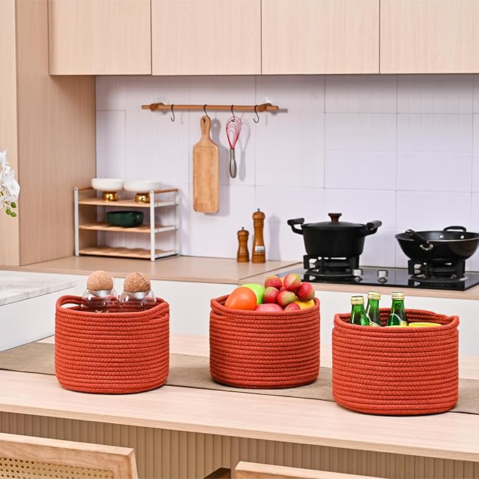 ICERZCZ Small Storage Baskets for Organizing, Organizer Bins for Shelves, Small Woven Baskets for Storage, Red Baskets for Gifts, Organization Bins, Baskets for Decor, 9.7"×9.7"×7" (3 Packs) Brick Red