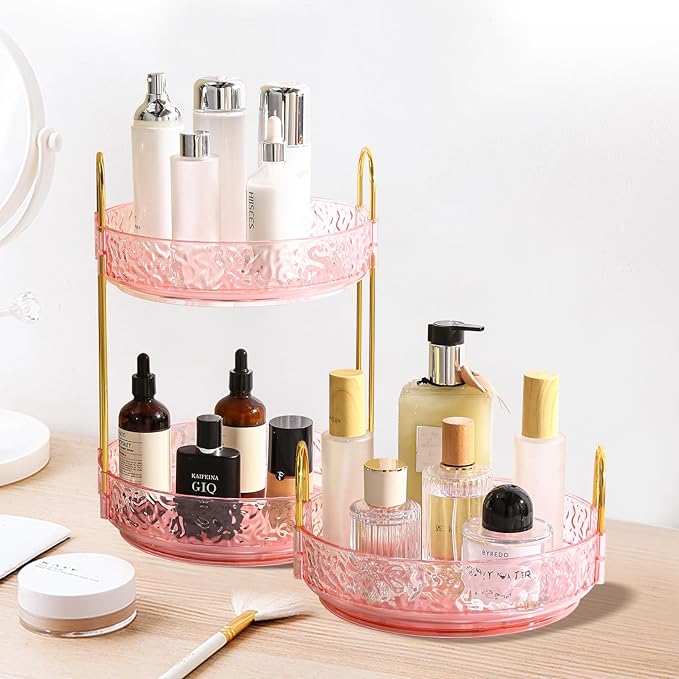 Fangoo Rotating Makeup Organizer for Vanity, 360 Spinning Cosmetic Storage, Perfume Holder for Bathroom Countertop or Dresser (Pink, 3 Tiers)