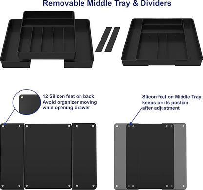 Simple Houseware Expandable Kitchen Drawer Flatware Organizer, Black – Adjustable Cutlery Tray with 9 Compartments for Utensils and Silverware