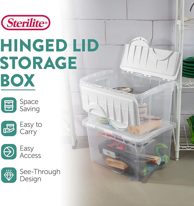 Sterilite 12 Pack Hinged Lid Storage Box, Stackable Organizing Container Bins, 4 Quart, Clear